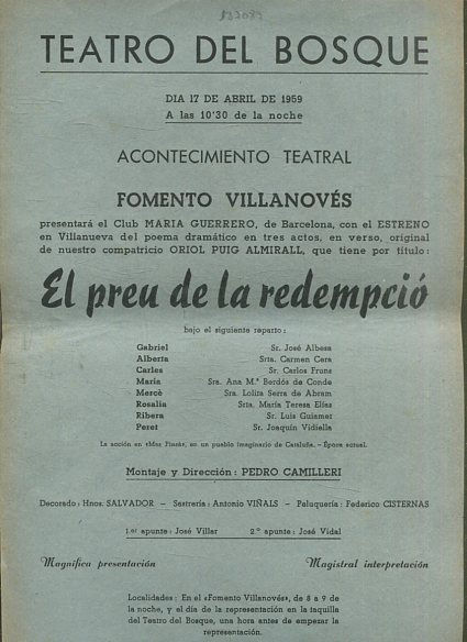 ACONTECIMIENTO TEATRAL. FOMENTO VILLANOVES PRESENTARA AL CLUB MARIA GUERRERO EN: EL PREU DE LA REDEMPCIO.