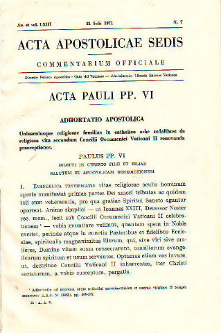 ACTA APOSTOLICAE SEDIS. COMMENTARIUM OFFICIALE. AN. ET VOL. LXIII. IULII-DECEMBRIX 1971.