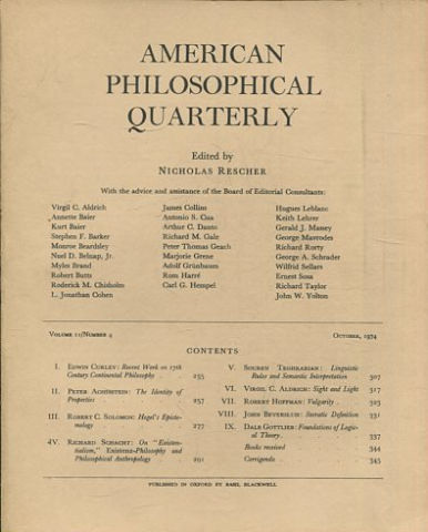 AMERICAN PHILOSOPHICAL QUARTERLY VOLUME 1/ NUMBER 4, OCTOBER 1974.