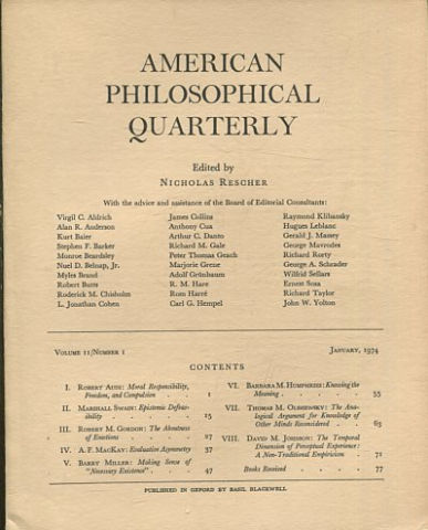 AMERICAN PHILOSOPHICAL QUARTERLY VOLUME 11/ NUMBER 1, JANUARY, 1974.