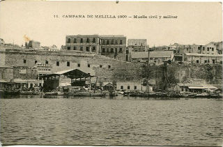 ANTIGUA POSTAL DE MELILLA. 11. CAMPAÑA DE MELILLA 1909. MUELLE CIVIL Y MILITAR/OLD POSTCARD. WAR SPAIN AGAINST MOROCCO.