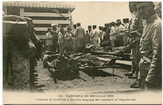 ANTIGUA POSTAL DE MELILLA. 13. CAMPAÑA DE MELILLA 1909. LLEGADA DE MUERTOS Y HERIDOS DESPUES DEL COMBATE AL HIPODROMO/OLD POSTCARD. WAR SPAIN AGAINST MOROCCO.