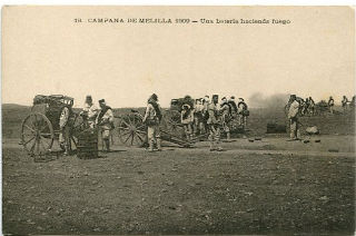 ANTIGUA POSTAL DE MELILLA. 16. CAMPAÑA DE MELILLA 1909. UNA BATERIA HACIENDO FUEGO/OLD POSTCARD. WAR SPAIN AGAINST MOROCCO.