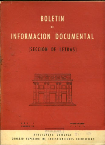 BOLETIN DE INFORMACION DOCUMENTAL. SECCION DE LETRAS. AÑO. V. NUM. 20.