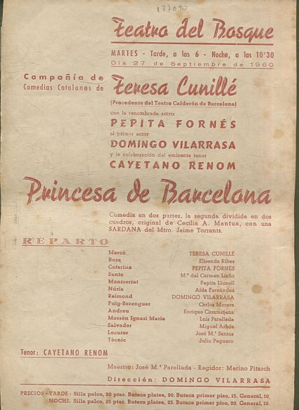 COMPAÑÍA DE COMEDIAS DE TERESA CUNILLE. PRINCESA DE BARCELONA.