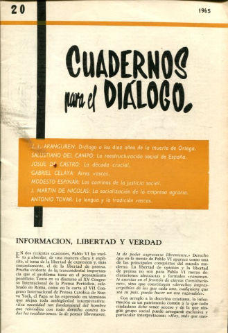 CUADERNOS PARA EL DIALOGO. Nº 20. 1965.