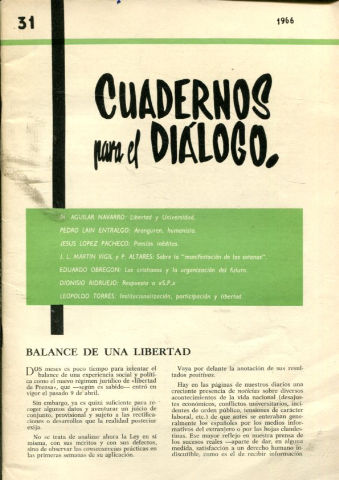 CUADERNOS PARA EL DIALOGO. Nº 31. 1966.