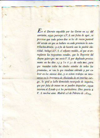 DECRETO EXPEDIDO POR LAS CORTES EN EL CUAL SE PREVIENE QUE CADA QUINCENA SE LES DE RAZON PUNTUAL DEL ESTADO EN QUE SE HALLARE EN CADA PROVINCIA LA CONTRIBUCION DIRECTA.