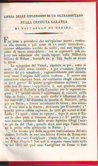 DIFESA DELLE RIFLESSIONI DI UN OLTRAMONTANO SULLA CREDUTA GALATEA DI RAFFAELLO DI URBINO.