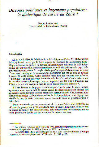 DISCOURS POLITIQUES ET JUGEMENTS POPULAIRES: LA DIALECTIQUE DE SURVIE AU ZAIRE.