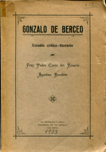 GONZALO DE BERCEO. ESTUDIO CRITICO-LITERARIO.