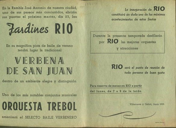 JARDINES RIO. MARTES 23, EN SU MAGNIFICA PISTA DE VERANO TENDRA LUGAR LA TRADICIONAL VERBENA DE SAN JUAN CON UNO DE LOS MAS NOTABLES CONJUNTOS MUSICALES ORQUESTA TREBOL