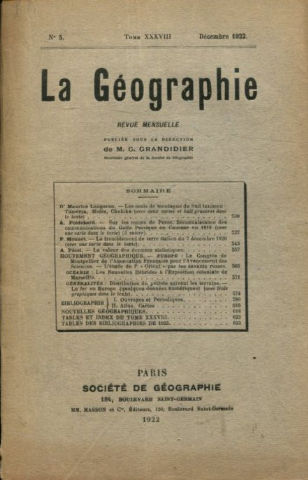 LA GEOGRAPHIE. Nº 5 TOME XXXVIII, DECEMBRE 1922.