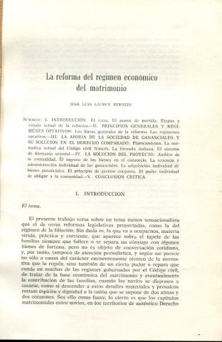 LA REFORMA DEL REGIMEN ECONOMICO DEL MATRIMONIO.