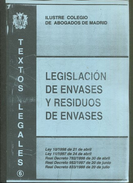 LEGISLACION DE ENVASES Y RESIDUOS DE ENVASES.  Ley 10/1998 de 21 de abril; Ley 11/1997 de 24 de abril; real Decreto 782/1998 de 30 de abril; Real Decreto 952/1997 de 20 de junio; Real Decreto 833/1988 de 20 de julio.