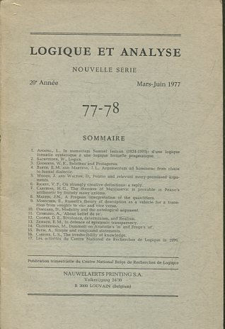 LOGIQUE ET ANALYSE. NOUVELLE SERIE. 20º ANNEE MARs-JUIN 1977 77-78.