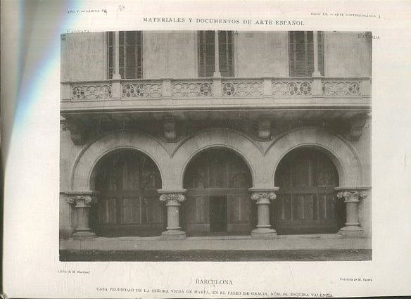 MATERIALES Y DOCUMENTOS DE ARTE ESPAÑOL. FACHADA. AÑO V. LAMINA 84. SIGLO XX. ARTE CONTEMPORANEO, 3. BARCELONA. CASA PROPIEDAD DE LA SEÑORA VIUDA DE MARFA, EN EL PASEO DE GRACIA, NUM. 66, ESQUINA VALENCIA.