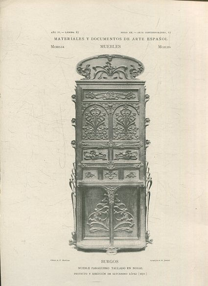 MATERIALES Y DOCUMENTOS DE ARTE ESPAÑOL.  MUEBLES. AÑO IV. LAMINA 87. SIGLO XX. ARTE CONTEMPORANEO, 17. BURGOS. MUEBLES PARAGÜERO TALLADO EN NOGAL.