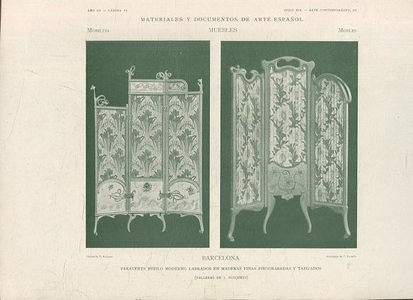 MATERIALES Y DOCUMENTOS DE ARTE ESPAÑOL. MUEBLES. AÑO III. LAMINA II. SIGLO XIX. ARTE CONTEMPORANEO, 10. BARCELONA. PARAVENTS ESTILO MODERNO LABRADOS EN MADERA FINAS PIROGRABADAS Y TAPIZADOS.