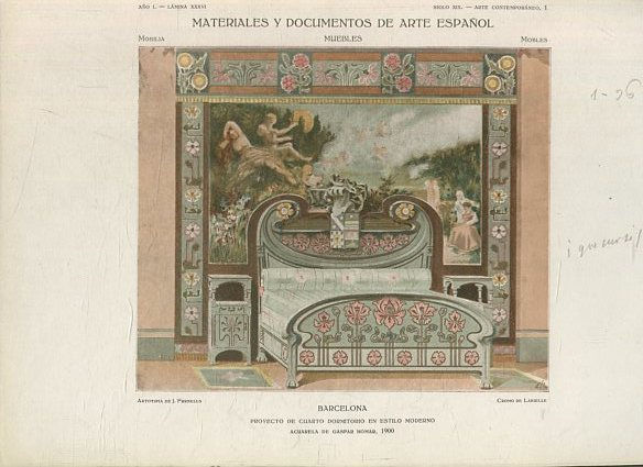 MATERIALES Y DOCUMENTOS DE ARTE ESPAÑOL. MUEBLES. AÑO I. LAMINA XXXVI. SIGLO XIX. ARTE CONTEMPORANEO, 1. BARCELONA. PROYECTO DE CUARTO DORMITORIO EN ESTILO MODERNO.