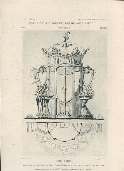 MATERIALES Y DOCUMENTOS DE ARTE ESPAÑOL. MUEBLES. AÑO III. LAMINA 59. SIGLO XX. ARTE CONTEMPORANEO, 16. BARCELONA. PROYECTO DE MUEBLE ROPERO Y PARAGÜERO, ORIGINAL DE PASCUAL SANZ BARRERA.