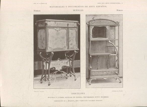 MATERIALES Y DOCUMENTOS DE ARTE ESPAÑOL. MUEBLES. AÑO III. LAMINA 47. SIGLO XIX. ARTE CONTEMPORANEO, 12. BARCELONA. ARQUILLA Y VITRINA AUXILIAR EN MADERA PIROGRABADA ESTILO MODERNO.