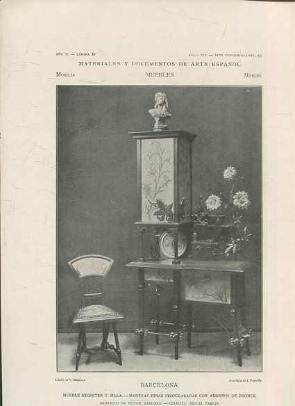 MATERIALES Y DOCUMENTOS DE ARTE ESPAÑOL. MUEBLES. AÑO VI. LAMINA81. SIGLO XIX. ARTE CONTEMPORANEO, 23. BARCELONA. MUEBLES SECRETER Y SILLA. MADERAS FINAS PIROGRABADAS CON ADORNOS DE BRONCE.