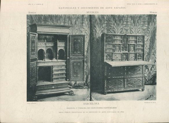 MATERIALES Y DOCUMENTOS DE ARTE ESPAÑOL. MUEBLES. AÑO II. LAMINA 3. SIGLO XVII A XVIII. RENACIMIENTO 2. BARCELONA. ARQUILLA Y TARACEA DE COLECCIONES PARTICULARES.