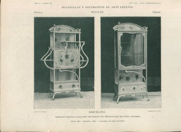 MATERIALES Y DOCUMENTOS DE ARTE ESPAÑOL. MUEBLES. AÑO II. LAMINA 84. SIGLO XIX. ARTE CONTEMPORANEO, 7. BARCELONA. ARMARIOS VITRINAS AUXILIARES DECORADOS CON PIROGRABADOS EN ESTILO MODERNO.