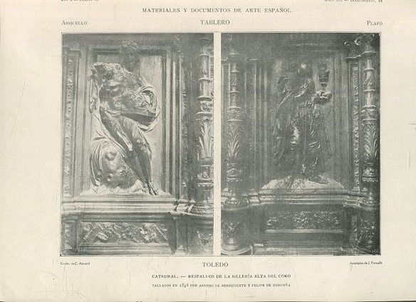 MATERIALES Y DOCUMENTOS DE ARTE ESPAÑOL. TABLERO. AÑO I. LAMINA LX. SIGLO XVI. RENACIMIENTO 12. TOLEDO. CATEDRAL. RESPALDOS DE LA SILLERIA ALTA DEL CORO.