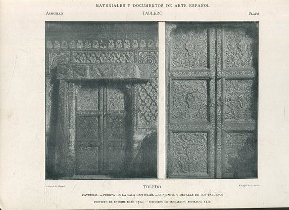 MATERIALES Y DOCUMENTOS DE ARTE ESPAÑOL. TABLERO. AÑO V. LAMINA 25. SIGLO XVI. RENACIMIENTO I. TOLEDO. CATEDRAL. PUERTA DE LA SALA CAPITULAR. CONJUNTO Y DETALLE DE LOS TABLEROS.