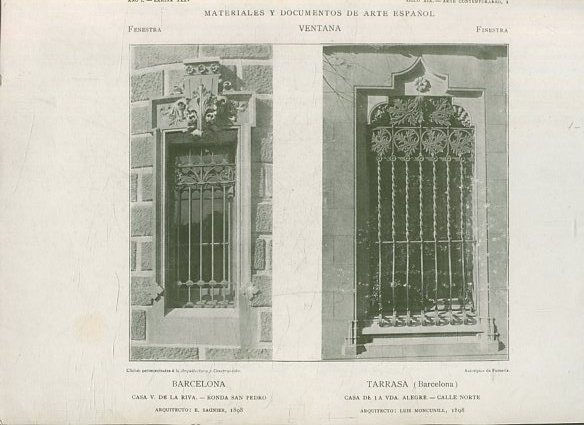 MATERIALES Y DOCUMENTOS DE ARTE ESPAÑOL. VENTANA. AÑO I. LAMINA XXXV. SIGLO XIX. ARTE CONTEMPORANEO, 1. BARCELONA. CASA V. DE LA RIVA. RONDA SAN PEDRO. TARRASA (BARCELONA) CASA DE LA VDA. ALEGRE. CALLE NORTE.