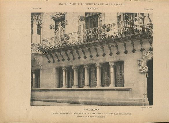 MATERIALES Y DOCUMENTOS DE ARTE ESPAÑOL. VENTANA. AÑO IV. LAMINA 33. SIGLO XIX. ARTE CONTEMPORANEO, 3. BARCELONA. PALACIO AMATLLER. PASEO DE GRACIA. VENTANAS DEL CUERPO BAJO DEL EDIFICIO.