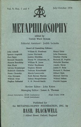 METAPHILOSOPHY VOL. 9, No. 3 and 4. JULY/ OCTOBER 1978.