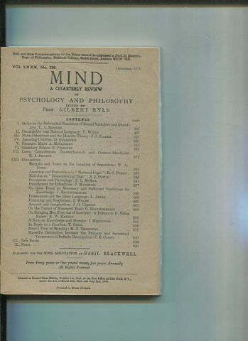 MIND. A QUARTERLY REVIEW OF PHILOSOPHY. VOL LXXX NO 320.