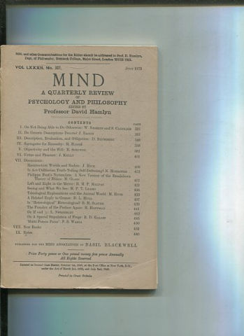 MIND. A QUARTERLY REVIEW OF PHILOSOPHY. VOL LXXXII NO 327.