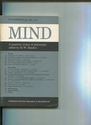 MIND. A QUARTERLY REVIEW OF PHILOSOPHY. VOL LXXXIII NO 331.