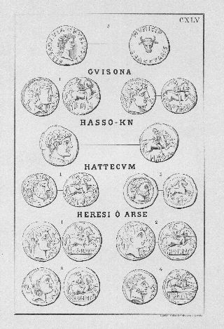 MONEDAS DE LA ESPAÑA ULTERIOR. LAMINA CXLV: GUISONA. HASSO-KN. HATTECUM. HERESI O ARSE.