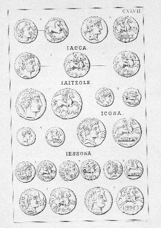 MONEDAS DE LA ESPAÑA ULTERIOR. LAMINA CXLVII: IACCA. IAITZOLE. ICOSA. IESSONA.