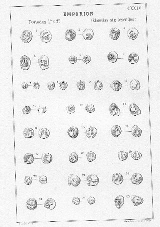 MONEDAS DE LA ESPAÑA ULTERIOR. LAMINA CXXIV: EMPORION. PERIODOS 1º Y 2º (MONEDAS SIN LEYENDAS).