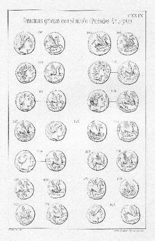 MONEDAS DE LA ESPAÑA ULTERIOR. LAMINA CXXIX: DRACMAS GRIEGAS CON SIMBOLO (PERIODOS 4º, 5º, Y 6º).