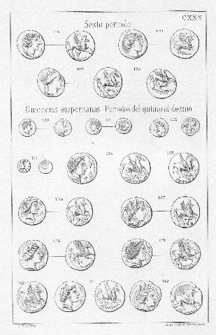 MONEDAS DE LA ESPAÑA ULTERIOR. LAMINA CXXX: SEXTO PERIODO. OMONOIAS EMPORITANAS. PERIODOS DEL QUINTO AL DECIMO.