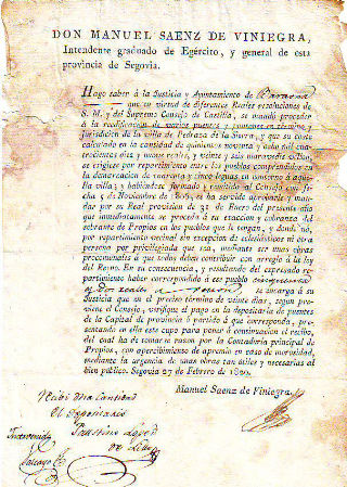 NOTIFICACION OFICIAL A LA VILLA DE BARAONA (SEGOVIA) DANDO A CONOCER LA CANTIDAD DE REALES DE VELLON QUE LES HA CORRESPONDIDO PAGAR POR LA REEDIFICACION DE VARIOS PUENTES Y PONTONES DE LA VILLA DE PEDRAZA DE LA SIERRA.