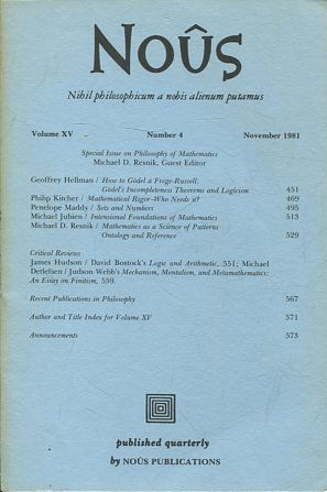 NOUS. NIHIL PHILOSOPHICUM A NOBIS ALIENUM PUTAMUS. VOLUME XV NUMBER 4 NOVEMBER 1981.