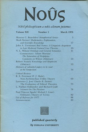 NOUS. NIHIL PHILOSOPHICUM A NOBIS ALIENUM PUTAMUS. VOLUME XII NUMBER 1 NOVEMBER 1978.