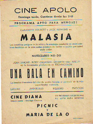 PROGRAMA DE MANO. CINE APOLO, VILLANUEVA Y LA GELTRU. MALASIA. UNA BALA EN EL CAMINO.