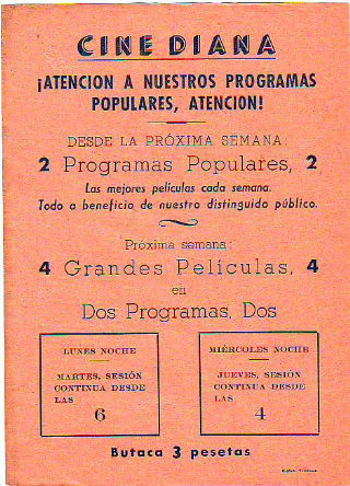 PROGRAMA DE MANO. CINE DIANA, VILLANUEVA Y LA GELTRU.