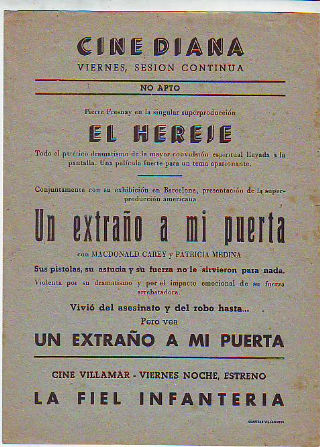 PROGRAMA DE MANO. CINE DIANA, VILLANUEVA Y LA GELTRU. EL HEREJE. UN ASESINATO A MI PUERTA, CON MACDONALD CAREY Y PATRICIA MEDINA.