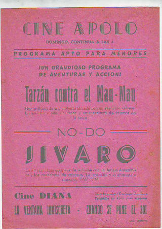 PROGRAMA DE MANO. CINE DIANA, VILLANUEVA Y LA GELTRU. TARZAN CONTRA EL MAU-MAU. JIVARO.