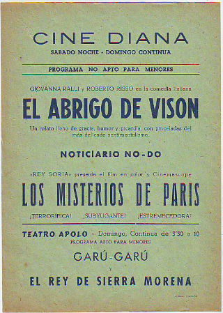 PROGRAMA DE MANO. CINE DIANA, VILLANUEVA Y LA GELTRU. EL ABRIGO DE VISON. LOS MISTERIOS DE PARIS.